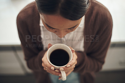 Buy stock photo Woman, coffee and high angle in kitchen for peace with mug, enjoying weekend and espresso. Female person, home and hot beverage in apartment for drink, relax and happiness with above in house