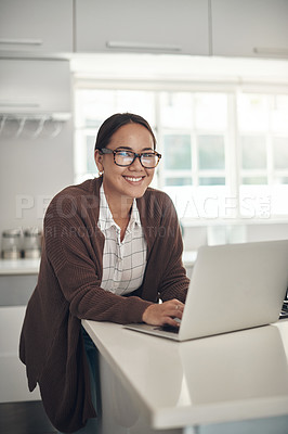 Buy stock photo Portrait, young woman and laptop in home with smile for small business, internet or online for work. Female person, happy and kitchen for workspace, digital or e commerce in technology for connection