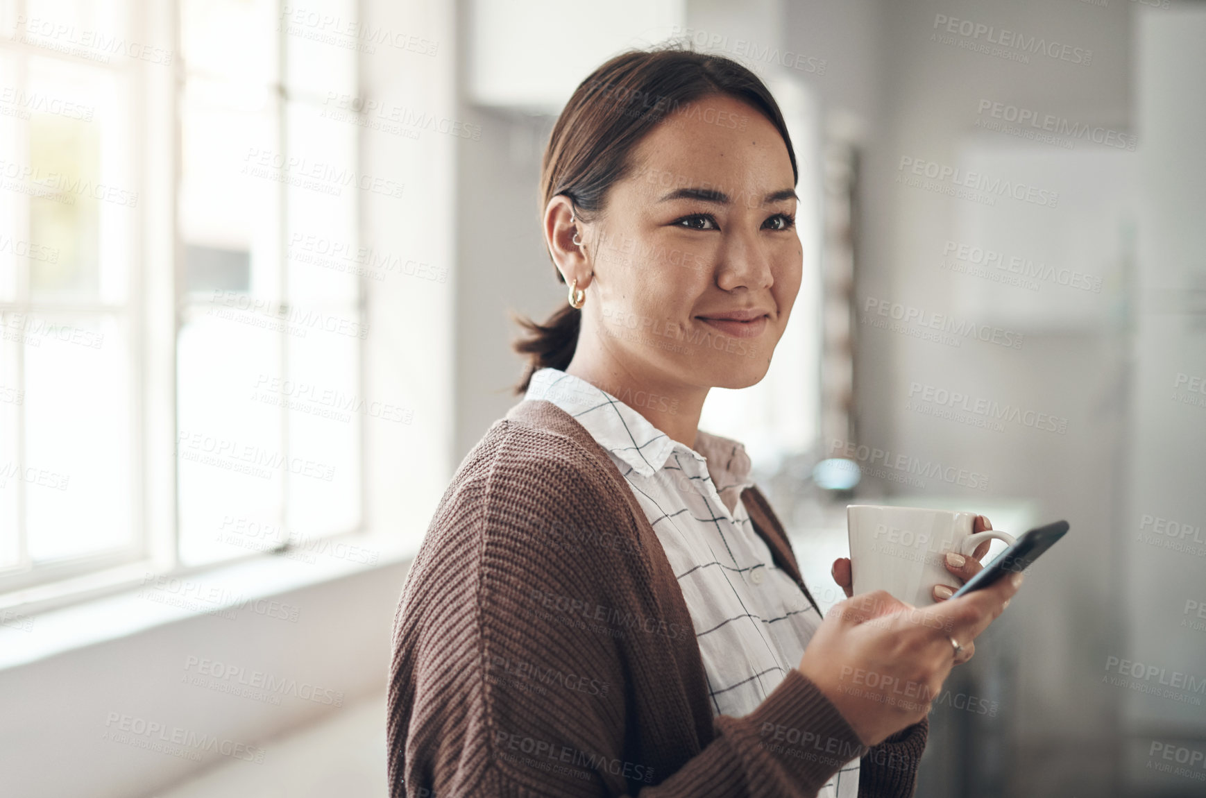 Buy stock photo Phone, thinking or woman on social media with tea, coffee or online research for social media or blog website. Technology, memory or Asian lady on mobile app to search for news post or ideas in home