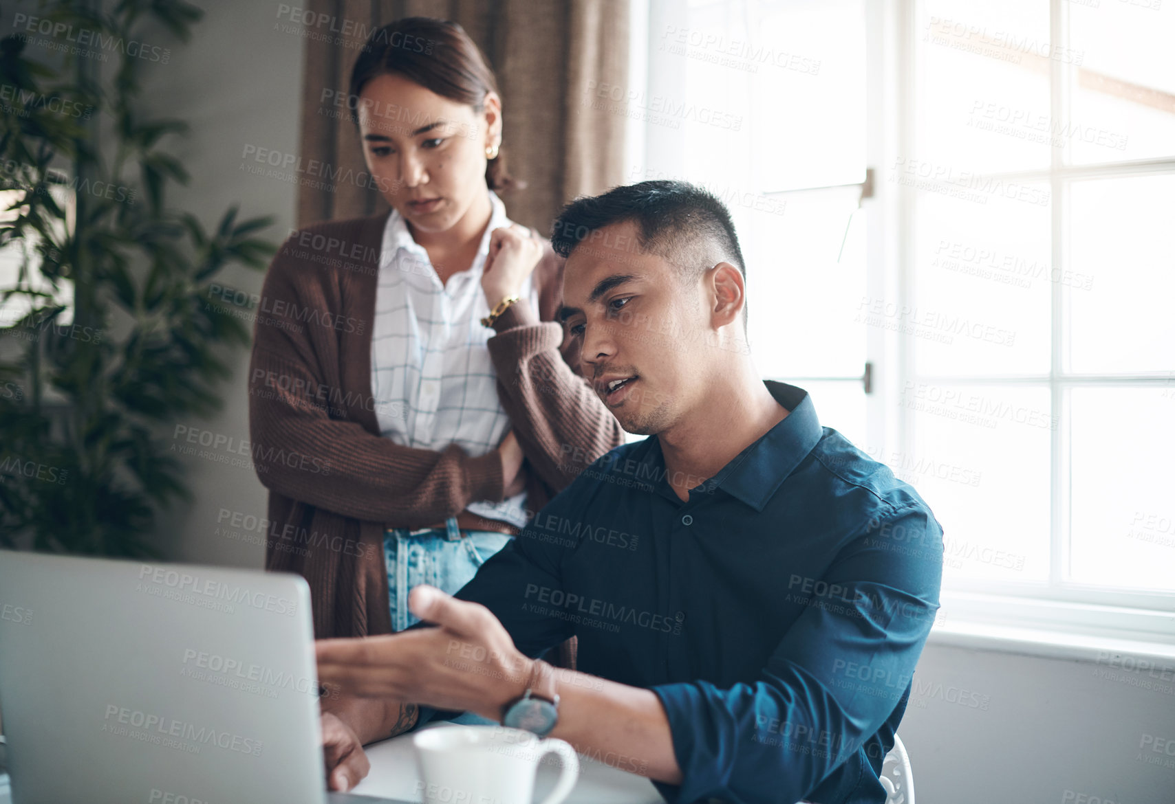 Buy stock photo Home, laptop and couple with stress, finance and economy with inflation and online reading with debt or glitch. Apartment, computer or man with woman or stock market crash with mortgage loan or taxes