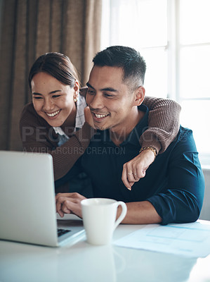 Buy stock photo Couple, laptop and happy with budgeting in kitchen for debt review, savings profit and good credit score. Documents, people and technology with smile for mortgage payment, insurance policy or finance