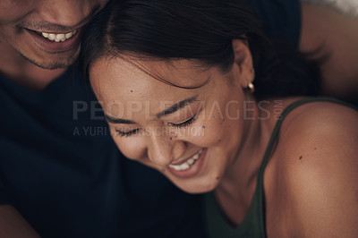 Buy stock photo Couple, hug and laugh on couch for bonding, humor and romance on home date and funny joke for comedy. People, closeup and love in embrace for marriage, support and trust in connection or comfort