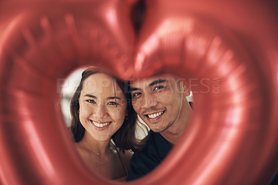 Buy stock photo Valentines day heart, balloon and young couple portrait celebrate love, happiness and care. Red balloons, present and romance of a happy Asian woman and man from Peru together with a smile on a date