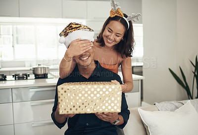 Buy stock photo Happy birthday, gift and surprise of couple of friends with present for celebration, love and happy valentines. Christmas, holiday and people with present or box to celebrate in home or living room