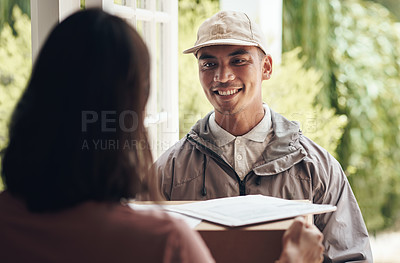 Buy stock photo Delivery man, parcel and checklist for woman at door with courier for shipment, e commerce and package. House, customer and signature for postage, safety compliance and online shopping on clipboard
