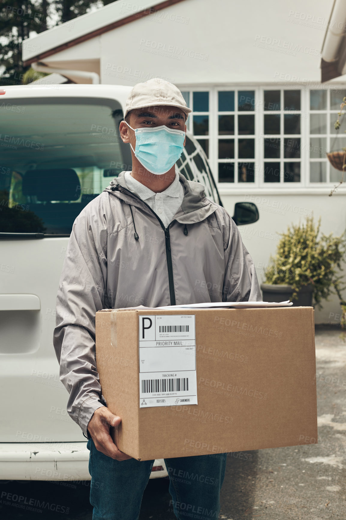 Buy stock photo Portrait, parcel or face mask for delivery man by car with courier for shipment, e commerce or package. House, transport vehicle or service with box for postage, safety compliance or online shopping