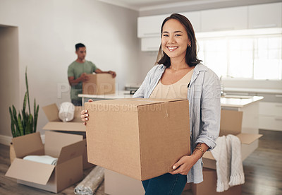 Buy stock photo Happy, woman and moving  box in new house for property, investment and real estate in living room. Female person, smile and pride in apartment for immigration, travel and relocate to Los Angels  