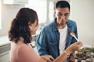 Buy stock photo Taste, cooking and couple in kitchen together with healthy food, relationship and bonding in home. Diet, happy man and woman in apartment with nutrition, care and diet meal prep with love for lunch