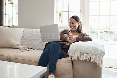 Buy stock photo Woman, laptop and credit card on couch to pay, finance and website for online shopping in home. Female person, ecommerce and code for transfer or purchase, sofa and app for banking or budget on tech