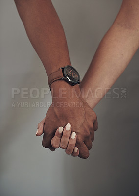 Buy stock photo Love, trust and couple in partnership, support or soulmate with romance and unity. Hand, together and marriage for care, bonding and commitment with collaboration for building future or family
