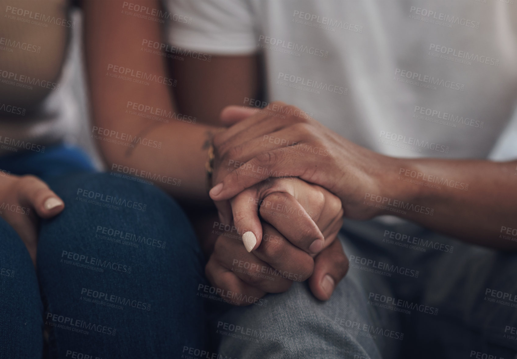 Buy stock photo Couple, love and holding hands for support, care and solidarity or romance with studio background. Compassion, partnership and relationship for man and woman, hope or trust for affection and intimacy