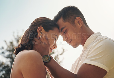 Buy stock photo Couple, embrace and love on holiday at sunset with support, care and trust in marriage or vacation with peace. Man, woman and calm moment outdoor together with loyalty on adventure in Mexico summer