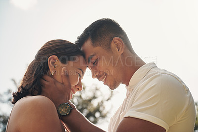 Buy stock photo Forehead, touch and couple with love on holiday at sunset with support, care and trust in marriage. Man, woman and calm vacation with gratitude for partner on adventure in Portugal summer mockup