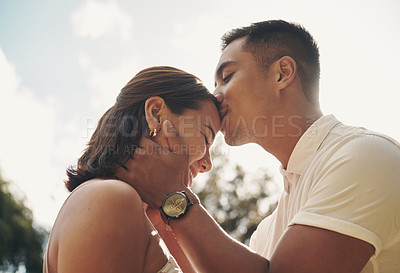 Buy stock photo Forehead, kiss and couple with love on holiday at sunset with support, care and trust in marriage vacation. Man, woman and calm moment outdoor together with loyalty on adventure in Mexico summer