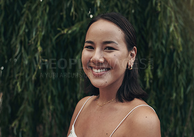 Buy stock photo Portrait, girl and smile or outdoor, tree and closeup on face, happy and asian woman. Confident, nature and relaxed for adventure, cheerful and Thailand in summer, excited and park or garden