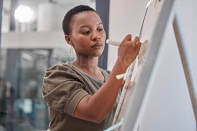 Buy stock photo Workshop, writing and black woman at whiteboard with ideas, brainstorming or research in office. Planning, notes and businesswoman with moodboard, mind map for business growth, development or process