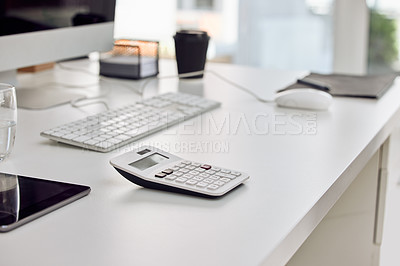 Buy stock photo Empty office, desk or calculator with computer for financial, budget or company profit review. Working, space and corporate table with internet for research, planning and investment, advice or growth