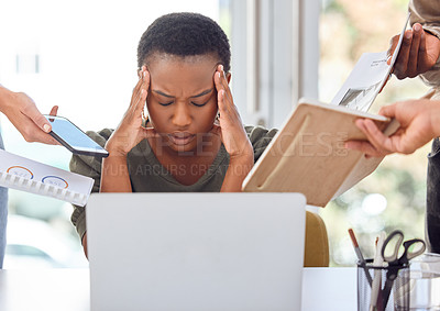 Buy stock photo Black woman,  office and technology with headache or stress for deadline, overtime and exhausted. Female employee, entrepreneur and frustrated with burnout as graphic designer in startup business
