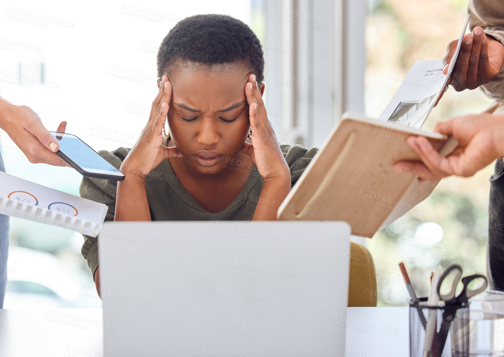 Buy stock photo Black woman,  office and technology with headache or stress for deadline, overtime and exhausted. Female employee, entrepreneur and frustrated with burnout as graphic designer in startup business
