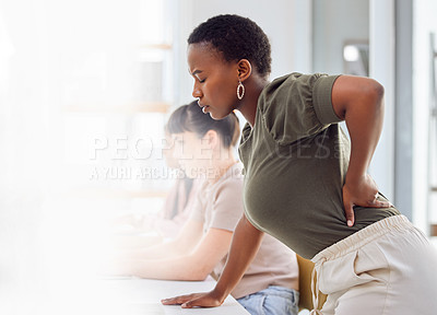 Buy stock photo Back pain, stress and black woman in office with joint, problem or tension, inflammation or pressure. Posture, disaster and African consultant with spine, injury or frustrated by fibromyalgia crisis