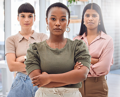 Buy stock photo Portrait, serious and creative women in office building of designer company, diversity and confident. People or group of management for agency with arms crossed for collaboration and empowerment.