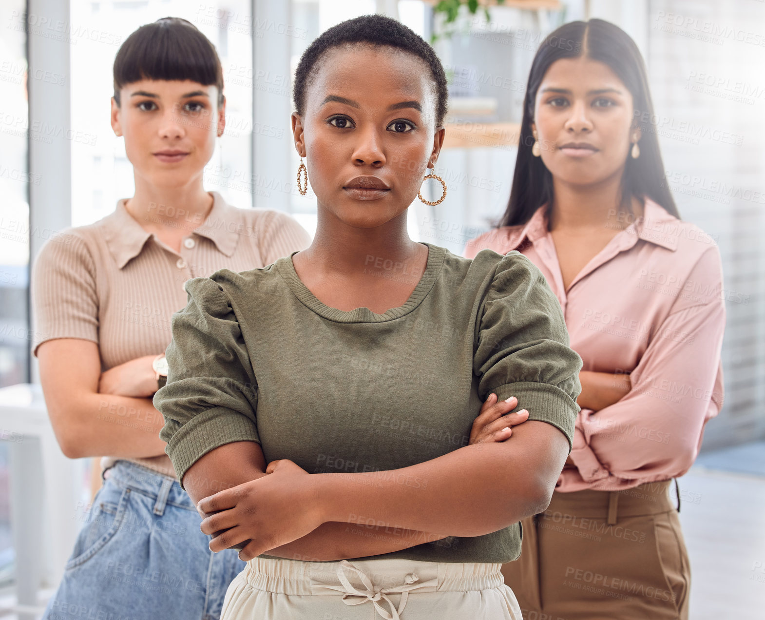 Buy stock photo Portrait, serious and creative women in office building of designer company, diversity and confident. People or group of management for agency with arms crossed for collaboration and empowerment.