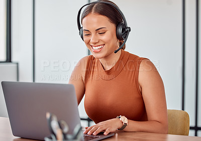 Buy stock photo Call center, office and happy woman with laptop consulting for faq, about us or b2b networking. Telemarketing, customer service or virtual assistant with loan, advice or crm support for telecom guide