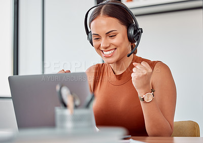 Buy stock photo Call center, winner and happy woman with laptop in office celebration for good news, review or sale target. Telemarketing, success and excited consultant reading positive customer experience survey