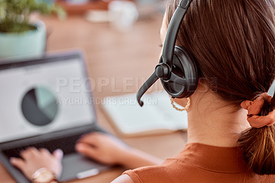 Buy stock photo Woman, callcenter and headphone with mic for support, voter registration help desk and agent with pole numbers on laptop screen. Back of phone call, contact center and data with election information