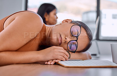 Buy stock photo Woman, sleeping and tired at desk in office with notebook for creativity, ideas and fatigue at media agency. Person, employee and overworked with rest, dream and exhausted with burnout at startup