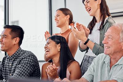 Buy stock photo Business people, applause and presentation with crowd at workshop with laugh and celebration. Company, diversity and clapping at a creative meeting with employee group and listening in a office 