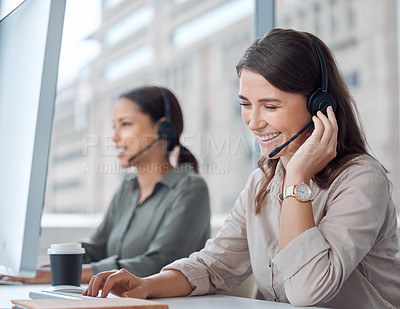Buy stock photo Computer, call center and telemarketing of business woman with web help conversation with coworking. Customer service, crm and smile of a digital support agent in office with communication and advice