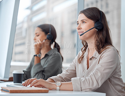 Buy stock photo Coworking, call center and telemarketing of consultant woman with web help conversation at computer. Customer service, crm and smile of digital support agent in office with communication and advice