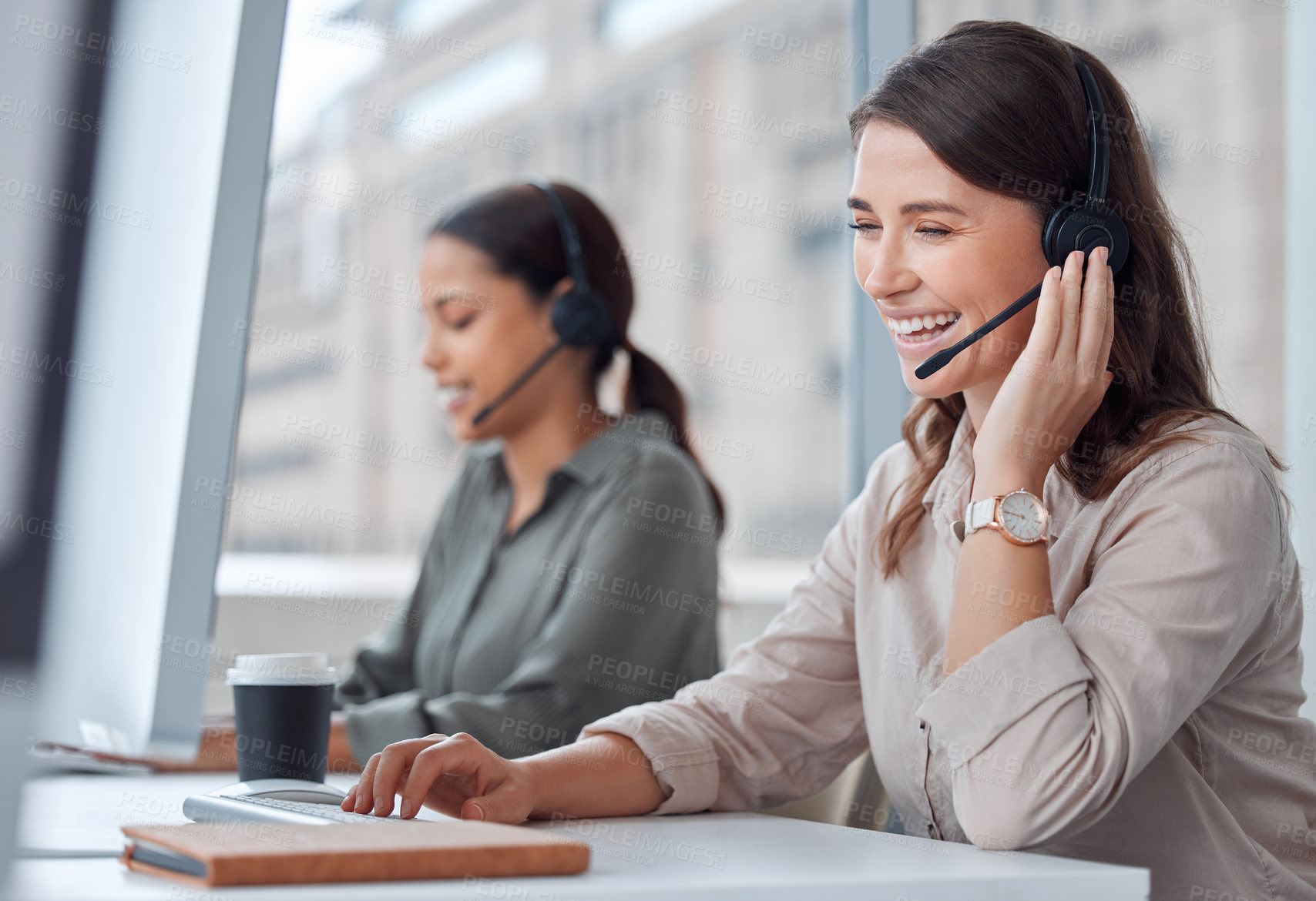 Buy stock photo Coworking, call center and telemarketing sale of woman with web help conversation at computer. Customer service, crm and smile of a digital support agent in a office with communication and advice
