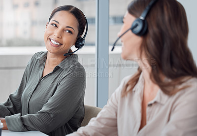 Buy stock photo Business women, collaboration and telemarketing success of call center and web help workers. Coworking, employee and smile from crm sales at a website consultation company with customer service
