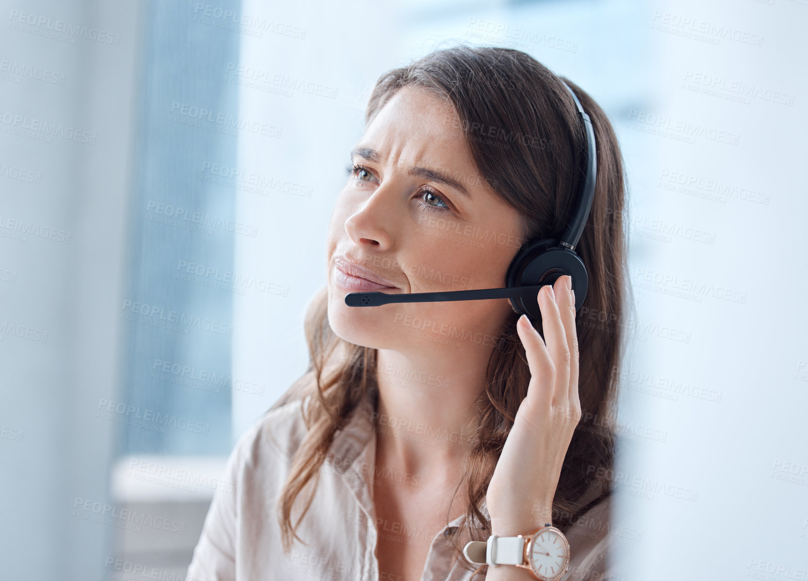 Buy stock photo Businesswoman, telemarketing and headset for help and advice at call centre for customer service and communication. Female person or crm in office for virtual assistance with technical issues