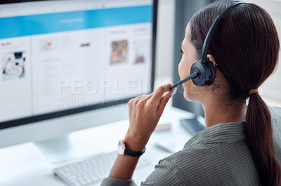 Buy stock photo Call center, telemarketing and back of female consultant working on online consultation in the office. Customer service, contact us and saleswoman planning crm with headset and computer in workplace.