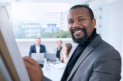 Buy stock photo Black man, portrait or business meeting writing on whiteboard for presentation or collaboration in office. Mature male person, smile and working on deal with colleagues for teamwork and planning