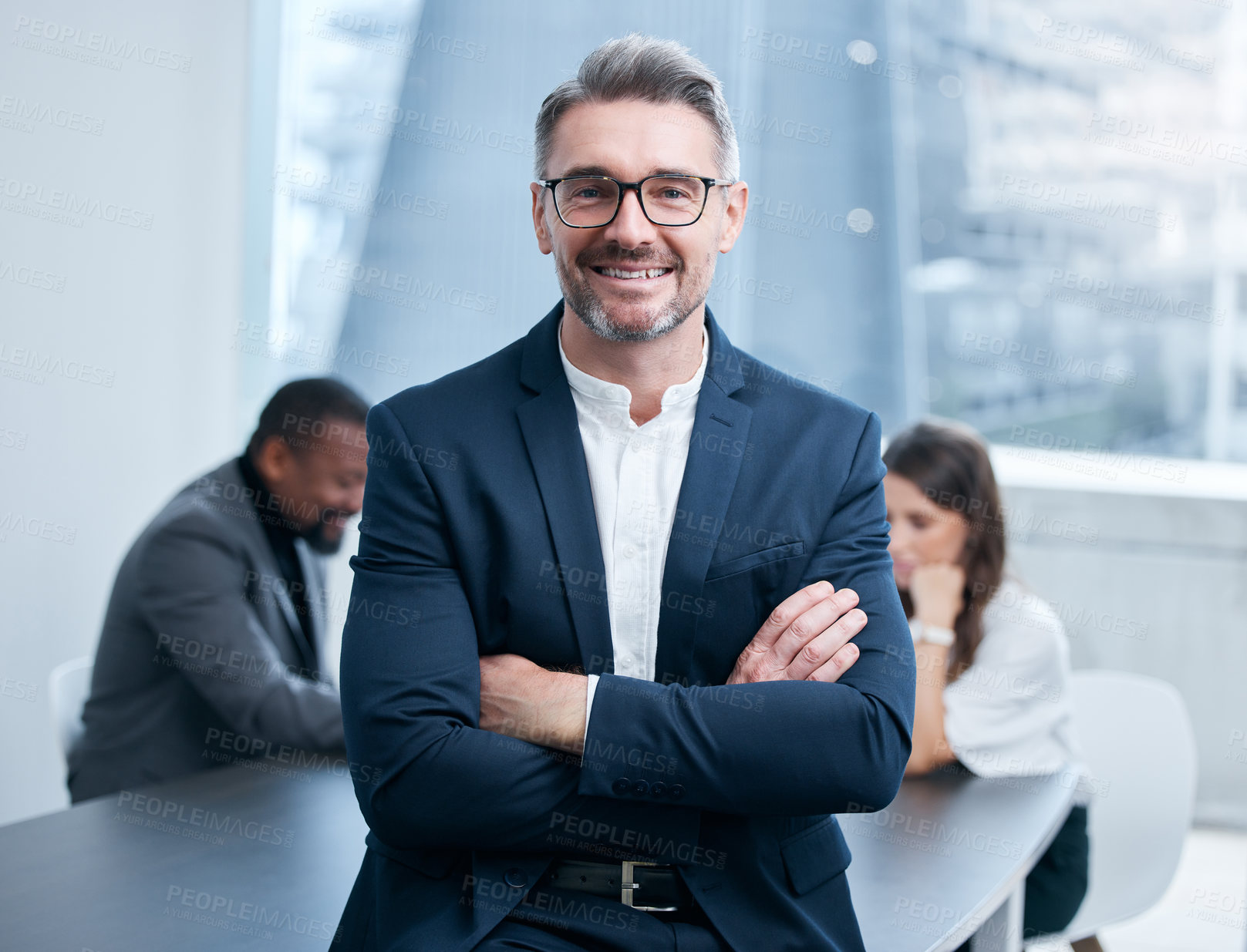 Buy stock photo Portrait, employee and mature man in boardroom, smile and CEO in corporate and auditor. Office, bookkeeper and person on table, business meeting and collaboration with planning of project and growth