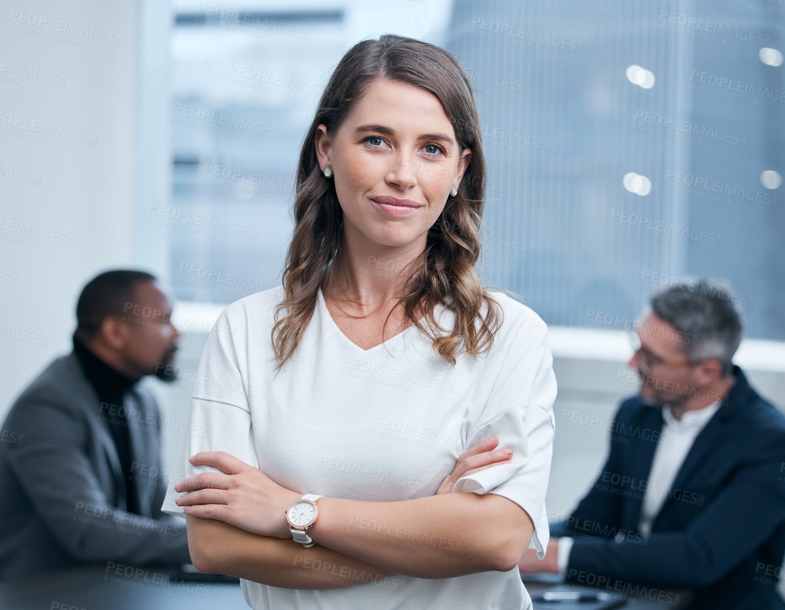 Buy stock photo Portrait, employee and woman in boardroom, confidence and smile in corporate and auditor. Office, bookkeeper and person on table, business meeting and collaboration for planning of project and goals