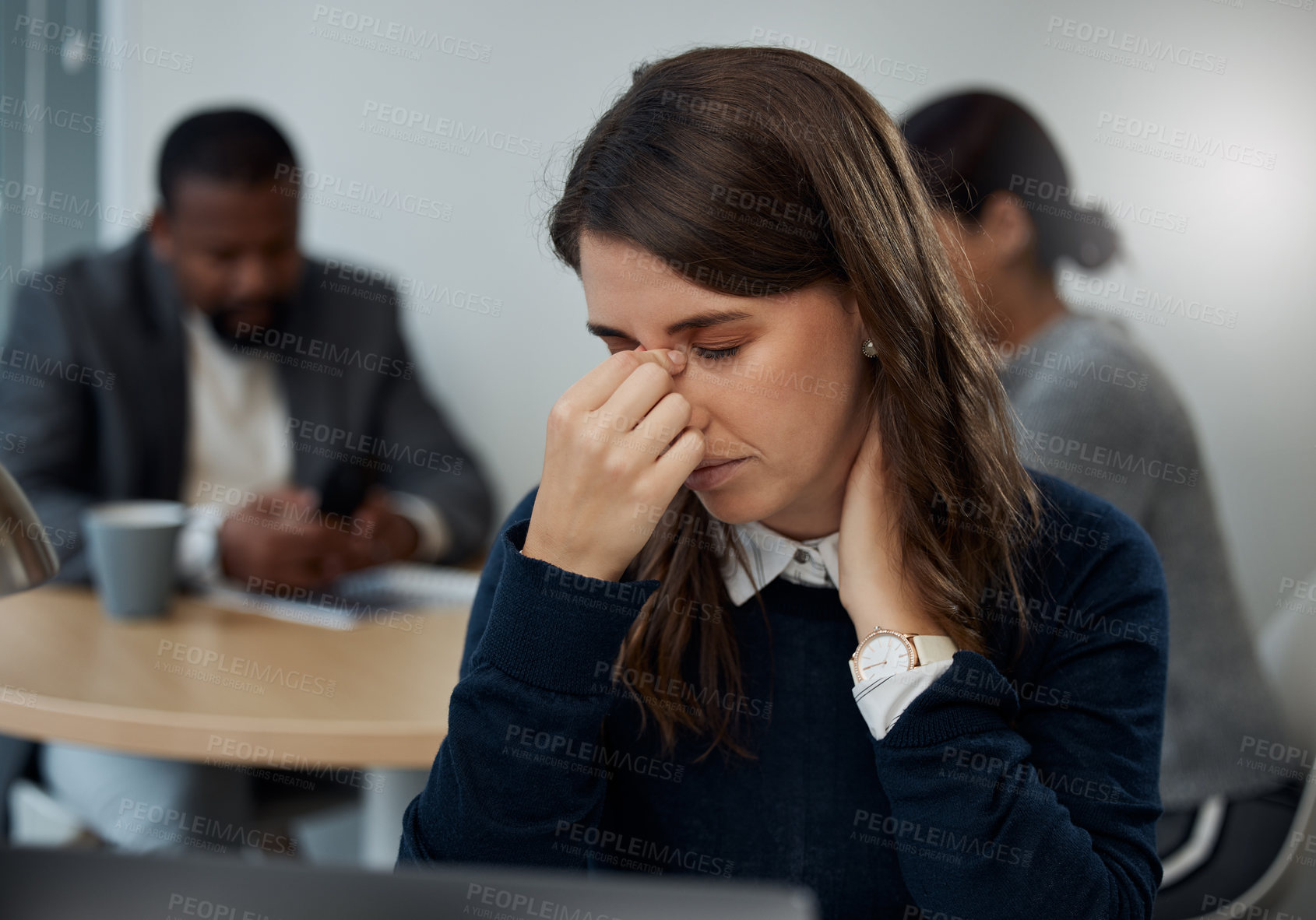 Buy stock photo Woman, stress and headache by computer in cafe with tension for burnout, frustrated and overworked. Coffee shop,  migraine and accountant with pain for financial deadline, pressure and health problem