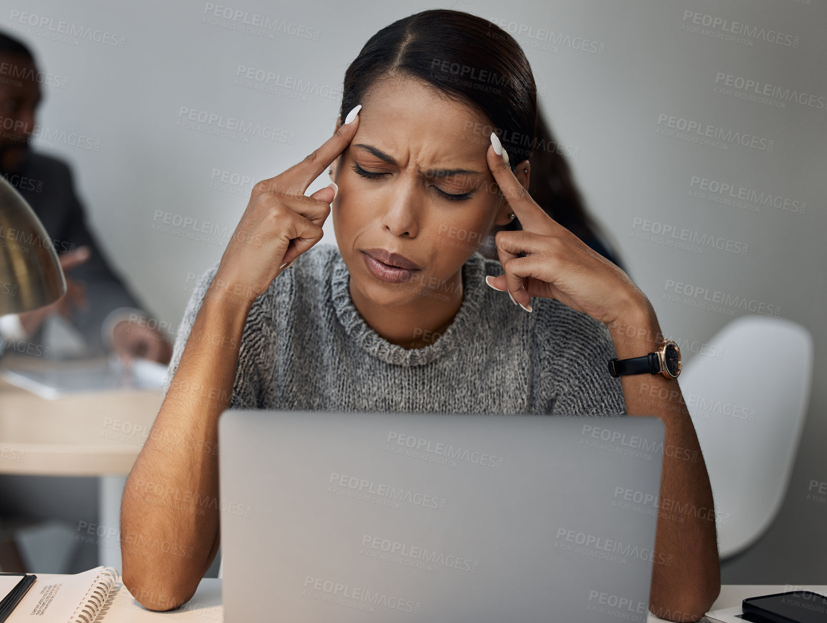 Buy stock photo Business woman, laptop and headache in office with burnout, tired and depression for work or job. Indian worker, technology and migraine in workplace with insomnia, fatigue and anxiety for schedule