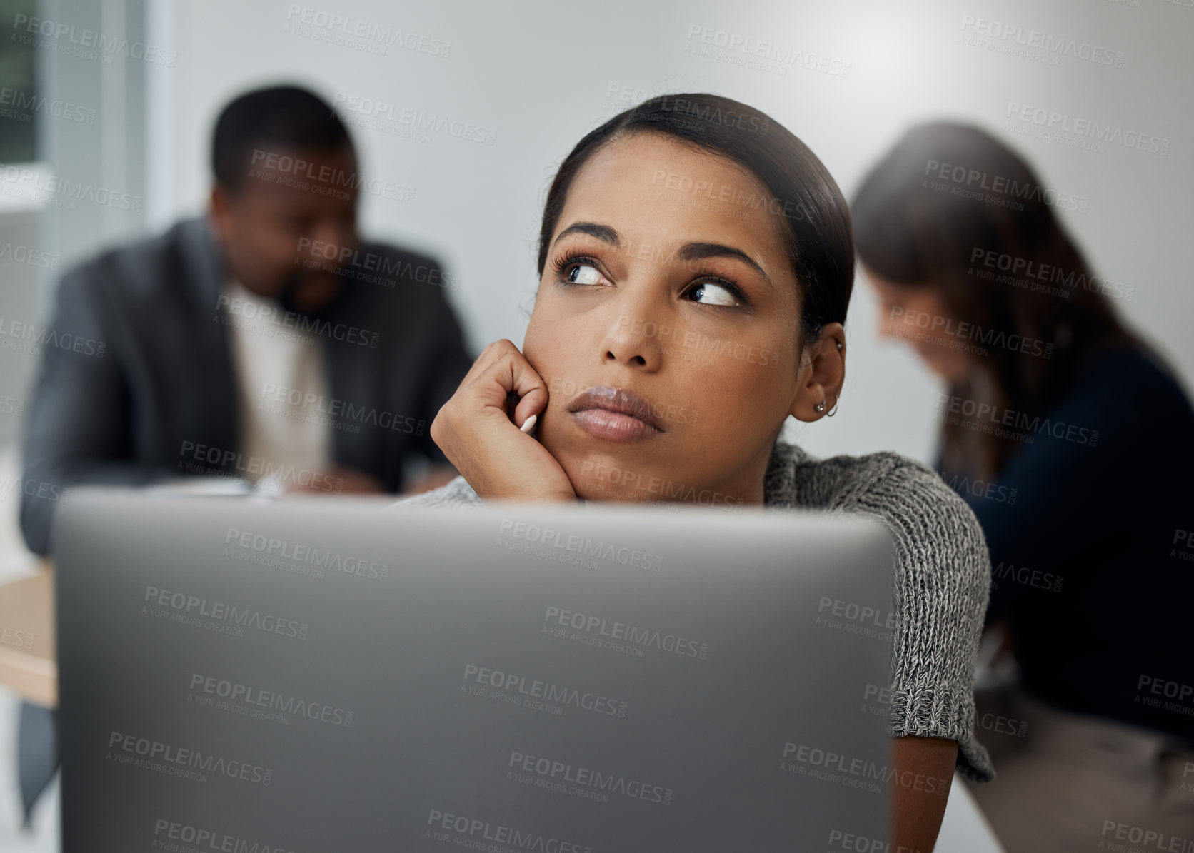 Buy stock photo Business woman, thinking and laptop in office with thoughts, bored and depression for work or job. Black worker, technology and idea in workplace with lazy, daydreaming and exhausted for schedule