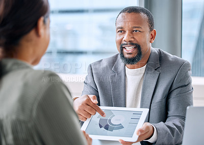 Buy stock photo Business man, woman and tablet with chart, analysis or discussion in workplace for finance, growth or investment. African financial advisor, touchscreen and graph for progress, consulting or teamwork