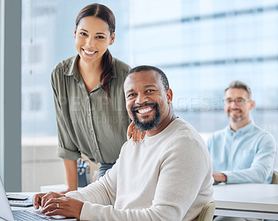 Buy stock photo Laptop, business people and portrait in office for teamwork, planning and mentor for learning. Employees, manager and training in workplace, speaking and support for online research or proposal