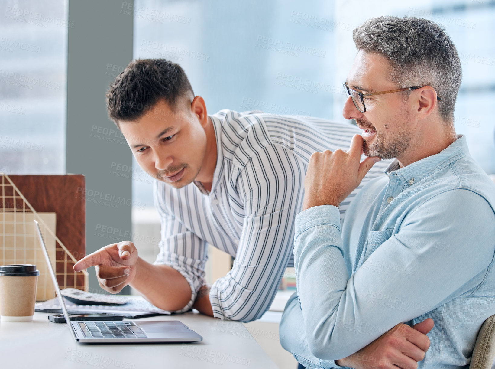 Buy stock photo Teamwork, office and laptop in discussion with mentor help, advice and opinion on report at desk. Colleagues, support and feedback or people for project, collaboration and idea for planning
