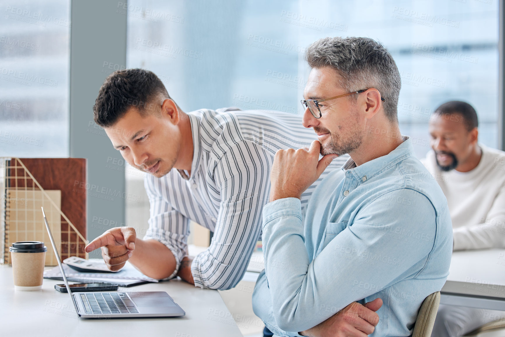 Buy stock photo Teamwork, men and laptop in discussion with mentor for help, opinion and advice on report at desk. Employer support, feedback or proposal for project, collaboration and idea for planning in office