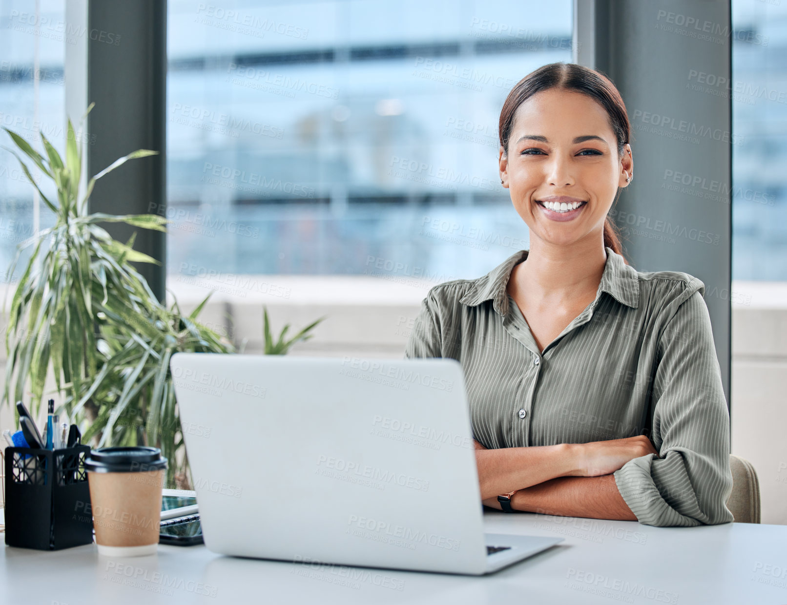 Buy stock photo Pride, portrait and business woman with laptop at office desk, table and startup company with confidence. Creative career, copywriting and female editor with computer for connection, tech and smile