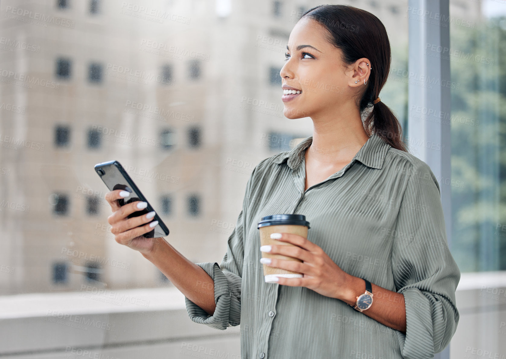 Buy stock photo Business woman, phone and thinking in office, networking and communication for planning. Female person, tea break and social media or employee for idea, hot drink and check website for information