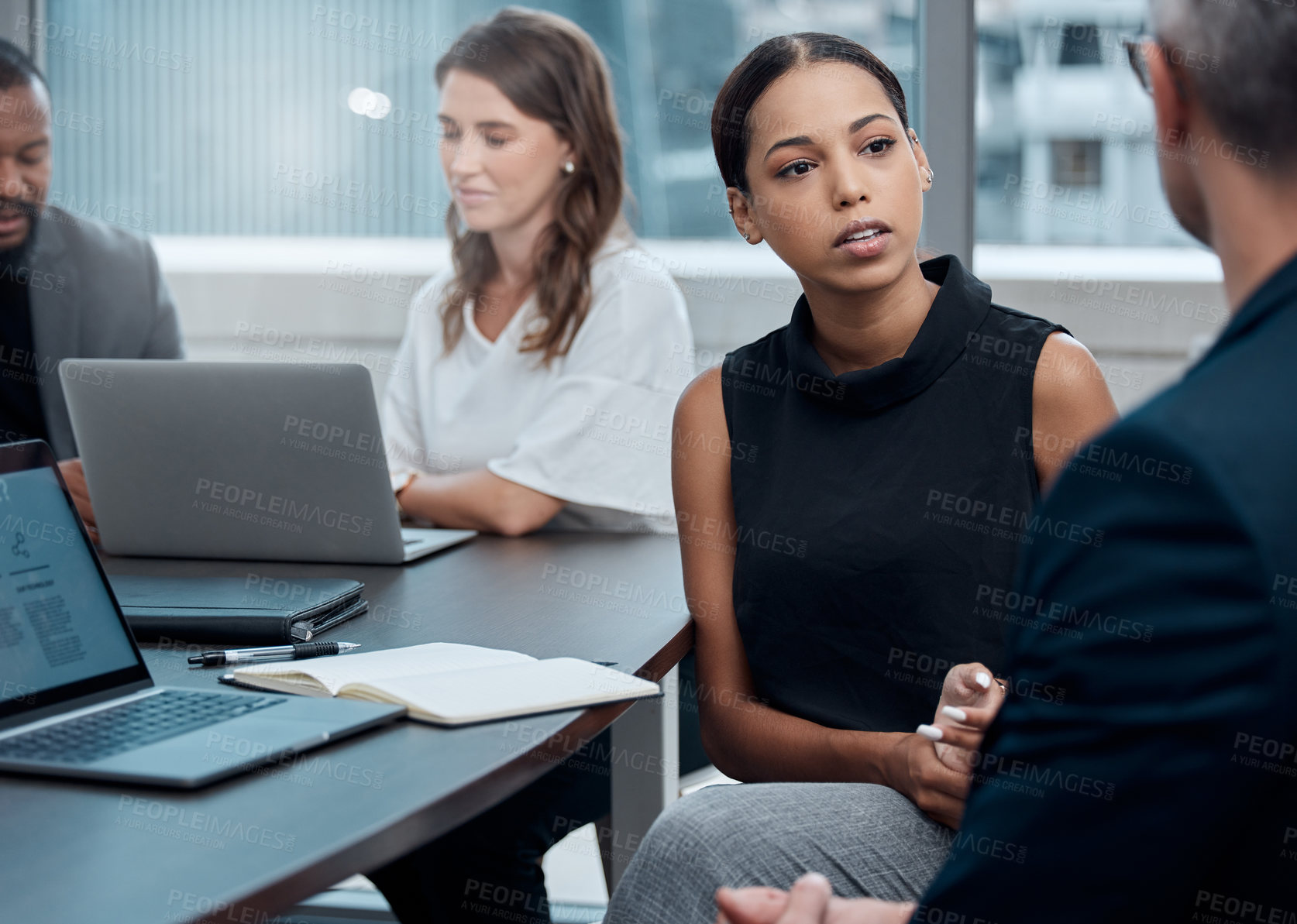 Buy stock photo Diversity, businesswoman and meeting in office for collaboration, teamwork and brainstorming with laptop. Technology, corporate people and group in workplace for online, strategy and research 